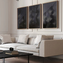 Mystic Rhythms Trio of Black Textured Abstract Paintings – Modern Minimalist 3-Panel Canvas Wall Art for Living Room, Office Décor – Clue Art #382