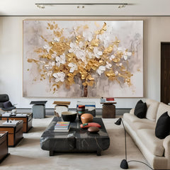 Golden Blossoms Tree Art – Modern Textured Floral Wall Decor for Living Room, Bedroom, Office, and Hallway – Clue Art #171