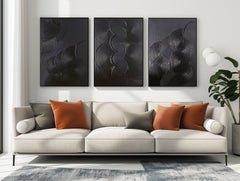 Mystic Rhythms Trio of Black Textured Abstract Paintings – Modern Minimalist 3-Panel Canvas Wall Art for Living Room, Office Décor – Clue Art #382