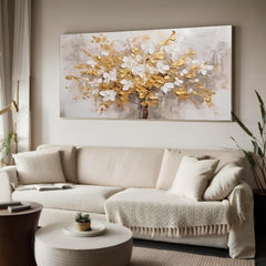 Golden Blossoms Tree Art – Modern Textured Floral Wall Decor for Living Room, Bedroom, Office, and Hallway – Clue Art #171
