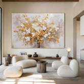 Golden Blossoms Tree Art – Modern Textured Floral Wall Decor for Living Room, Bedroom, Office, and Hallway – Clue Art #171