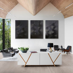 Mystic Rhythms Trio of Black Textured Abstract Paintings – Modern Minimalist 3-Panel Canvas Wall Art for Living Room, Office Décor – Clue Art #382