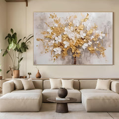 Golden Blossoms Tree Art – Modern Textured Floral Wall Decor for Living Room, Bedroom, Office, and Hallway – Clue Art #171
