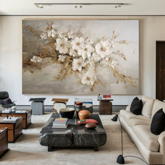 White Blossoms Tree Art – Luxurious Modern Textured Floral Wall Decor for Living Room, Bedroom, Office, and Hallway –Clue Art #142