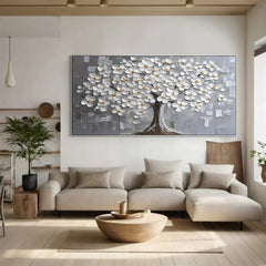 Elegant White Blossom Tree Textured Wall Art for Modern Living Room, Bedroom, Office Décor – Clue Art #025