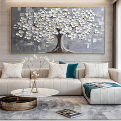 Elegant White Blossom Tree Textured Wall Art for Modern Living Room, Bedroom, Office Décor – Clue Art #025