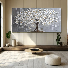 Elegant White Blossom Tree Textured Wall Art for Modern Living Room, Bedroom, Office Décor – Clue Art #025