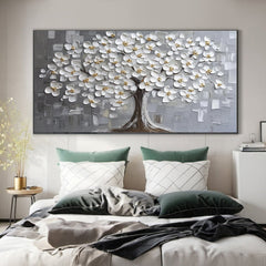 Elegant White Blossom Tree Textured Wall Art for Modern Living Room, Bedroom, Office Décor – Clue Art #025