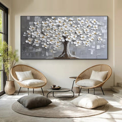 Elegant White Blossom Tree Textured Wall Art for Modern Living Room, Bedroom, Office Décor – Clue Art #025