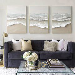 Large 3D Ocean Wave Canvas Art – Neutral Modern Coastal Wall Art Set of 3 Panels for Living Room, Bedroom, and Office Décor – Clue Art #098