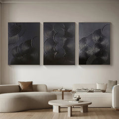 Mystic Rhythms Trio of Black Textured Abstract Paintings – Modern Minimalist 3-Panel Canvas Wall Art for Living Room, Office Décor – Clue Art #382