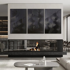 Mystic Rhythms Trio of Black Textured Abstract Paintings – Modern Minimalist 3-Panel Canvas Wall Art for Living Room, Office Décor – Clue Art #382
