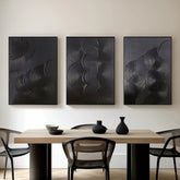Mystic Rhythms Trio of Black Textured Abstract Paintings – Modern Minimalist 3-Panel Canvas Wall Art for Living Room, Office Décor – Clue Art #382