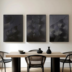 Mystic Rhythms Trio of Black Textured Abstract Paintings – Modern Minimalist 3-Panel Canvas Wall Art for Living Room, Office Décor – Clue Art #382