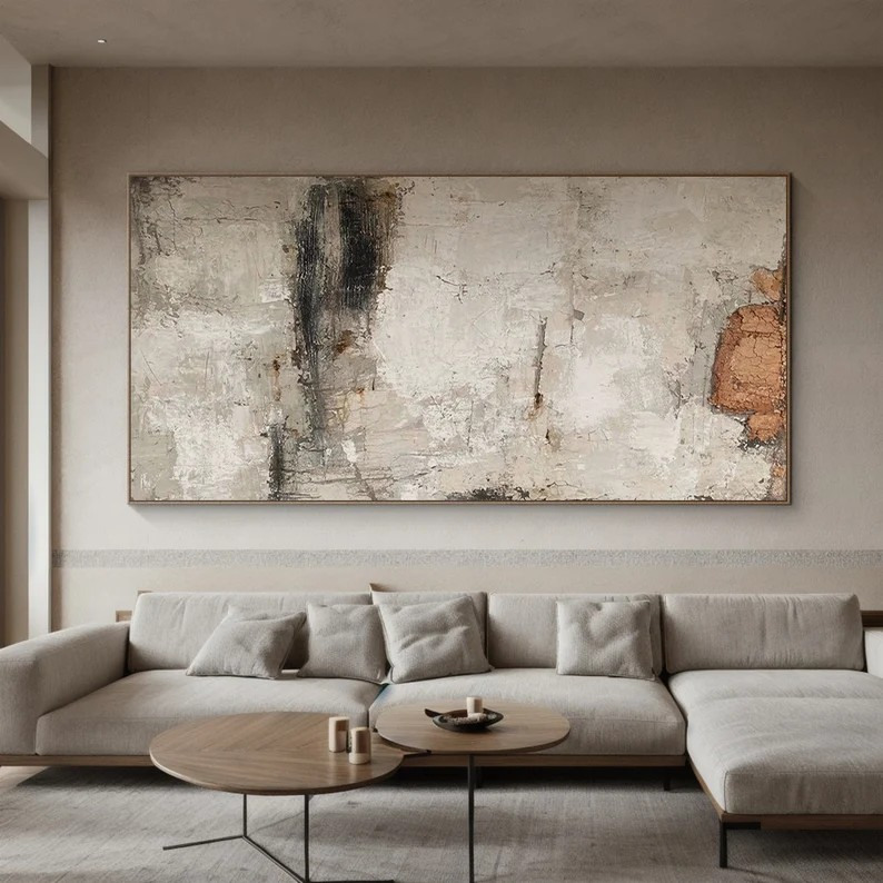 Large Beige Abstract Painting - Wabi Sabi Style Canvas Art