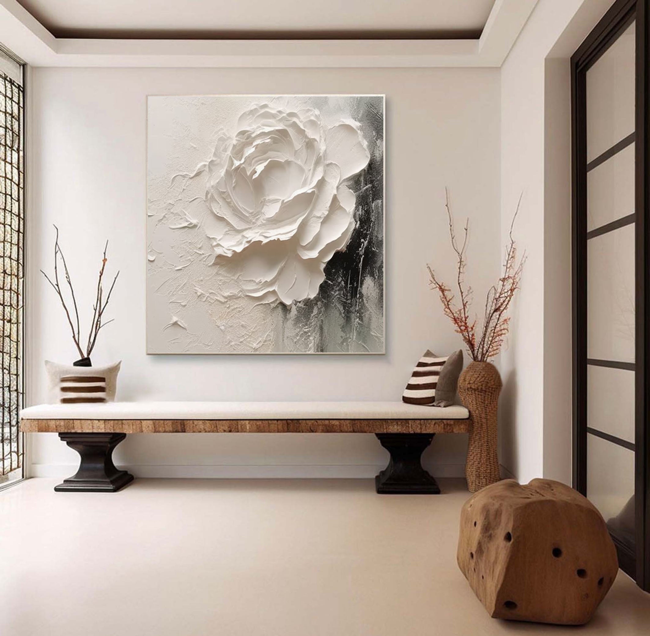 White Rose Painting Textured Floral Wall Art for Living Room, Bedroom, Office Décor – Clue Art #011