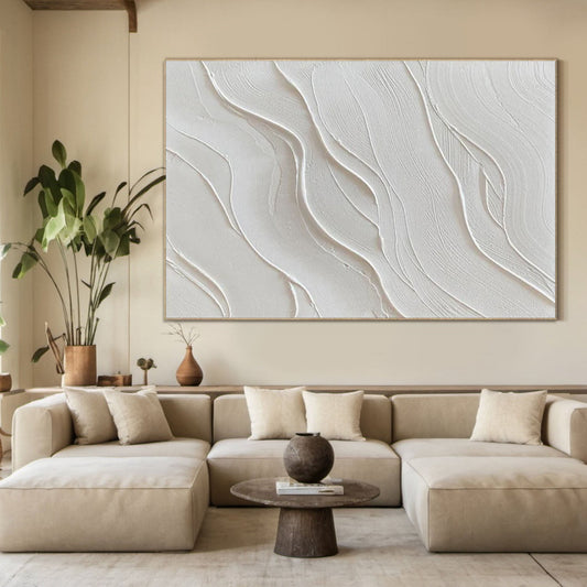 Elegant White Textured Wall Art – Minimalist Abstract Canvas Painting for Modern Living Room, Bedroom, and Office Decor – Clue Art #584