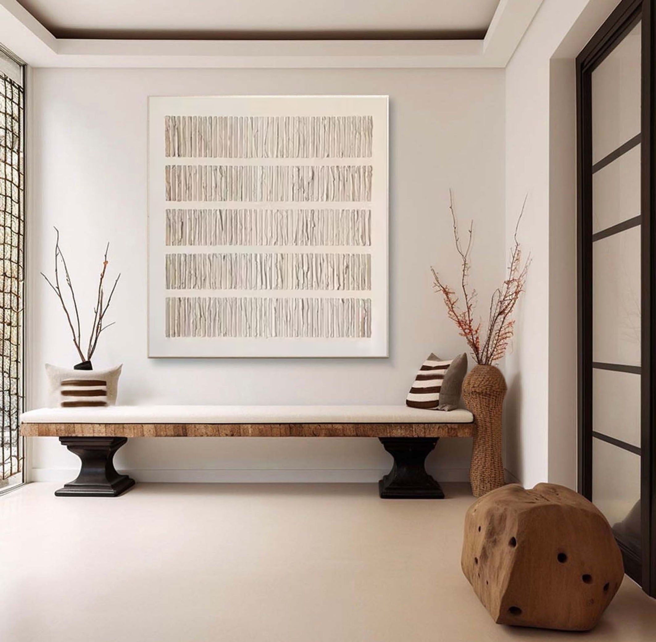 Wabi-Sabi Inspired Neutral Toned Wall Art Textured Lines Abstract Canvas Painting for Living Room, Bedroom, and Office Décor – Clue Art #384