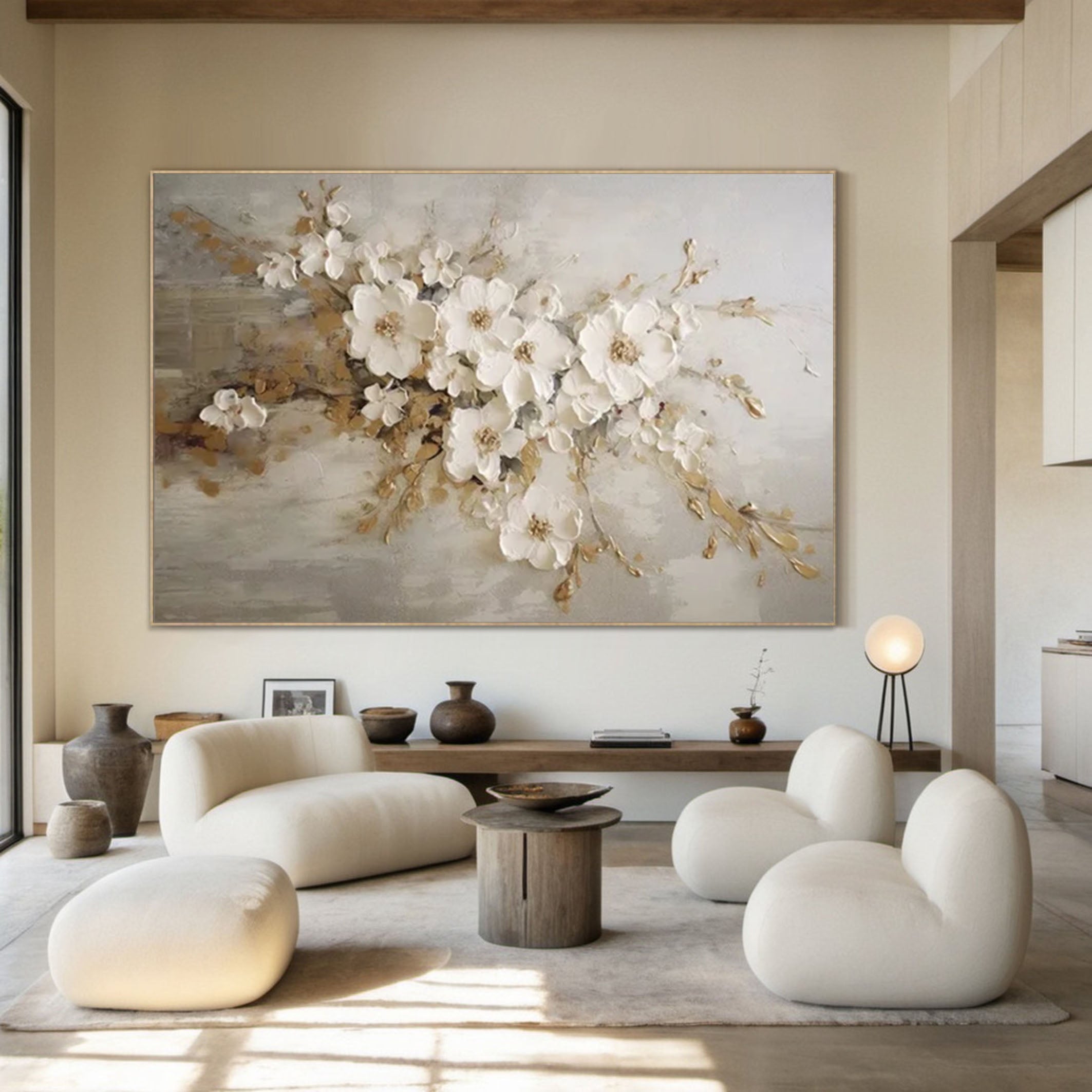 White Blossoms Tree Art – Luxurious Modern Textured Floral Wall Decor for Living Room, Bedroom, Office, and Hallway –Clue Art #142