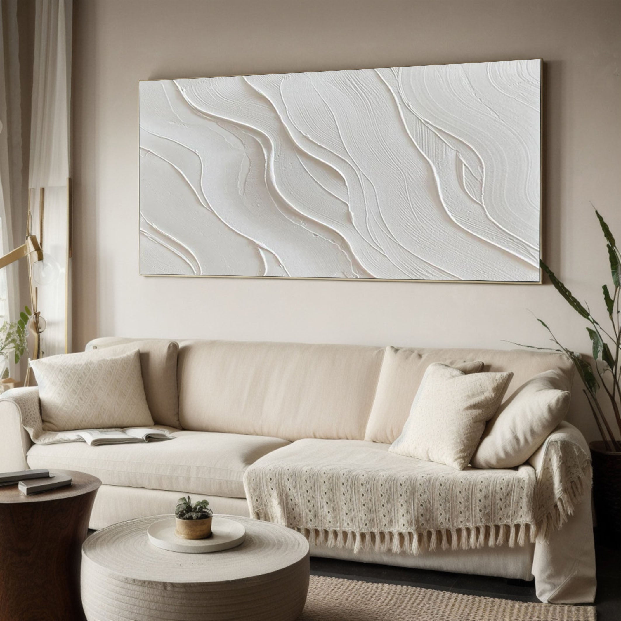 Elegant White Textured Wall Art – Minimalist Abstract Canvas Painting for Modern Living Room, Bedroom, and Office Decor – Clue Art #584