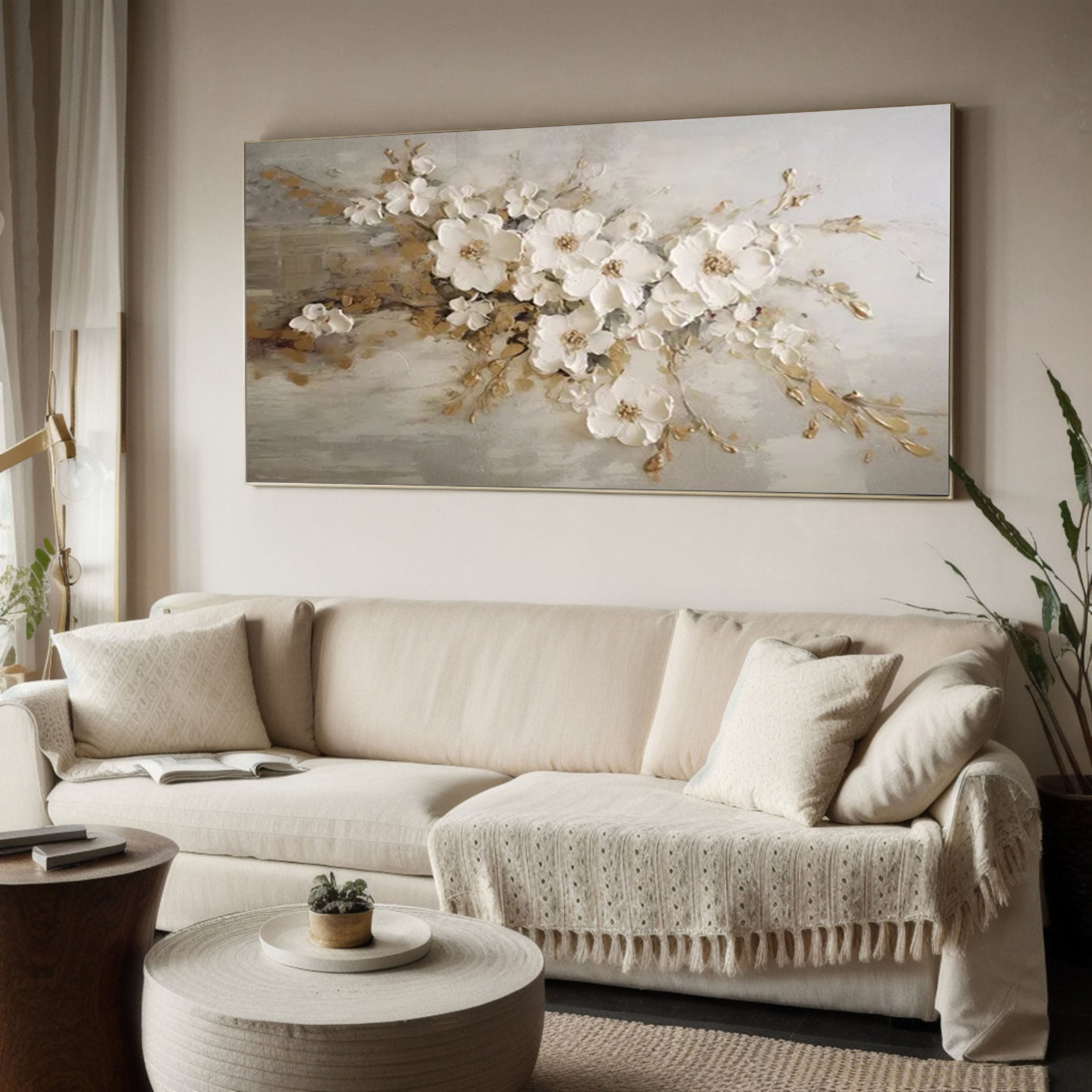 White Blossoms Tree Art – Luxurious Modern Textured Floral Wall Decor for Living Room, Bedroom, Office, and Hallway –Clue Art #142
