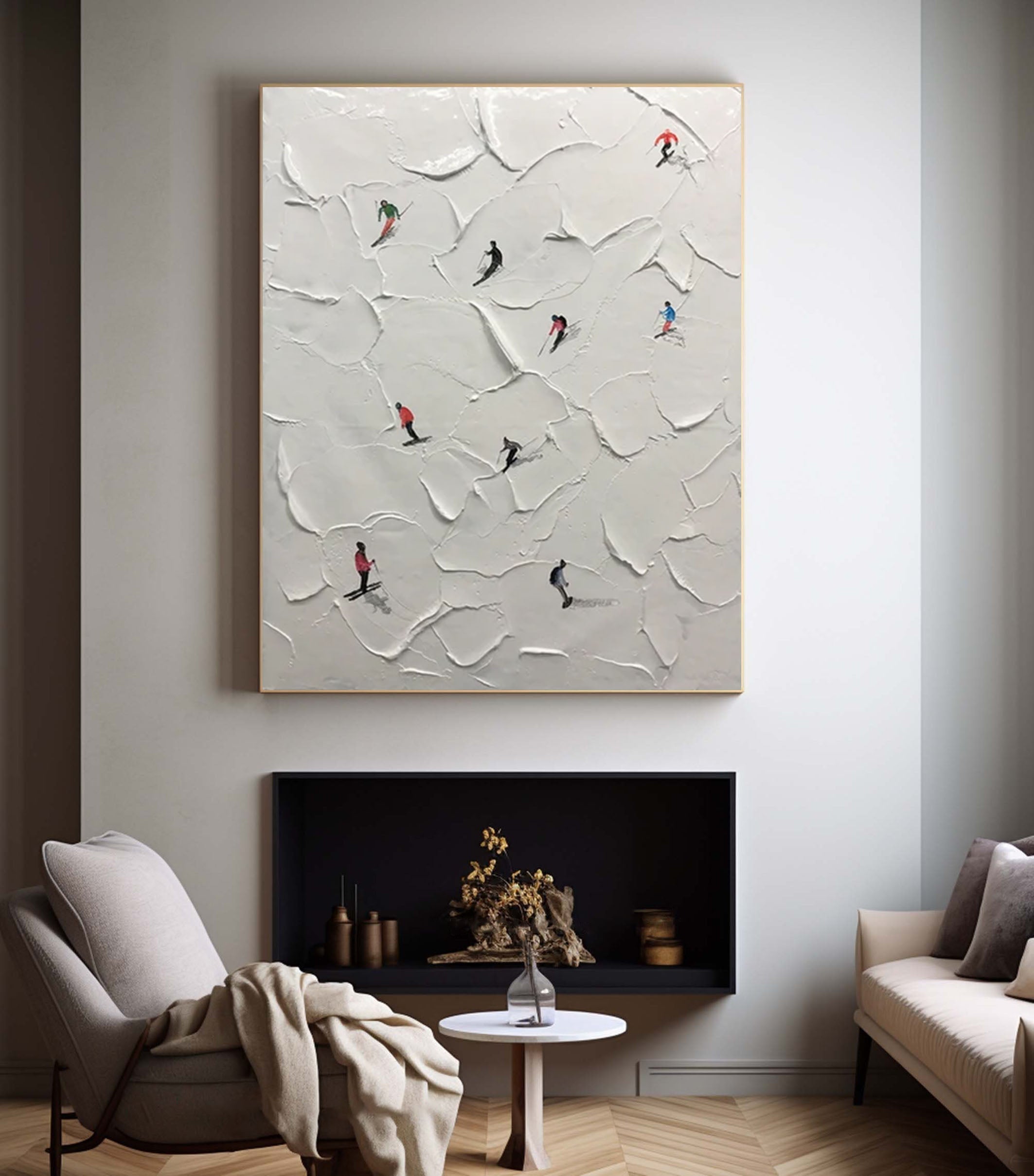 Winter Skiing Adventure Textured Wall Art for Living Room, Bedroom Home Decor – Clue Art #387
