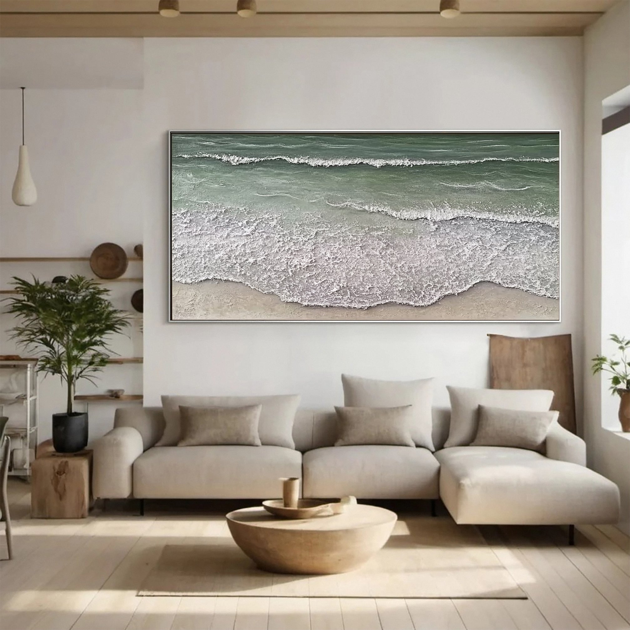 Large Majestic Green and White Ocean Wave Textured Canvas Wall Art for Living Room, Bedroom, and Office Décor – Clue Art #087