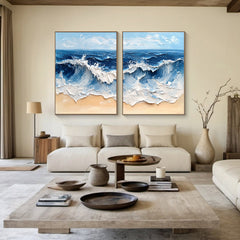 Coastal Tempest Textured Ocean Wave Art Set of 2 – Modern Seascape Wall Decor for Living Room | Clue Art #238