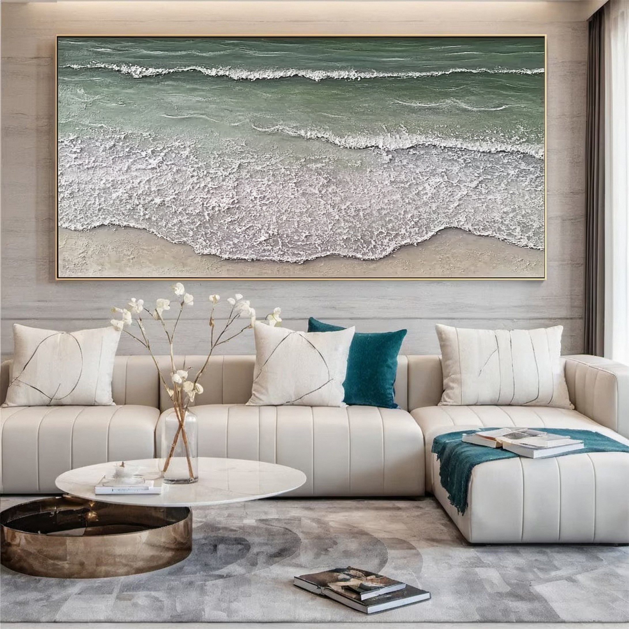 Large Majestic Green and White Ocean Wave Textured Canvas Wall Art for Living Room, Bedroom, and Office Décor – Clue Art #087