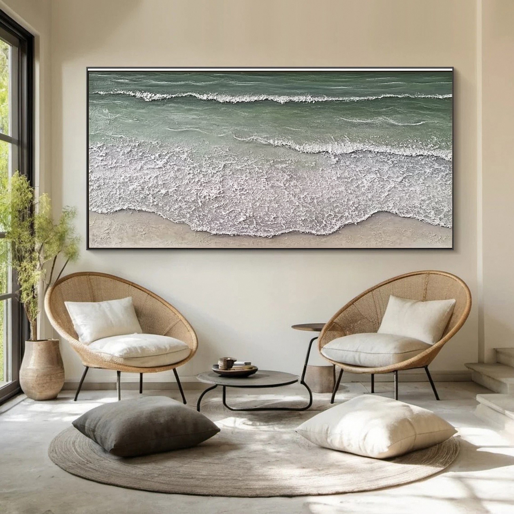 Large Majestic Green and White Ocean Wave Textured Canvas Wall Art for Living Room, Bedroom, and Office Décor – Clue Art #087