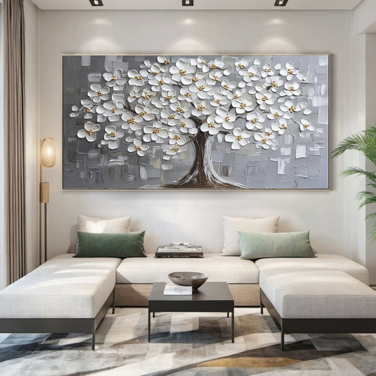 Elegant White Blossom Tree Textured Wall Art for Modern Living Room, Bedroom, Office Décor – Clue Art #025