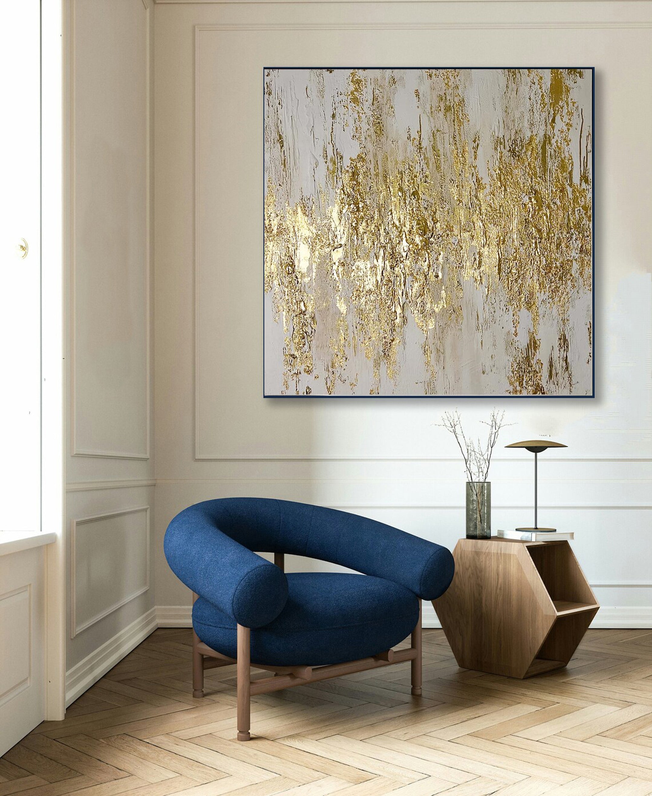 Elegant Abstract Gold and White Wall Art for Modern Living Room Decor – Clue Art #137