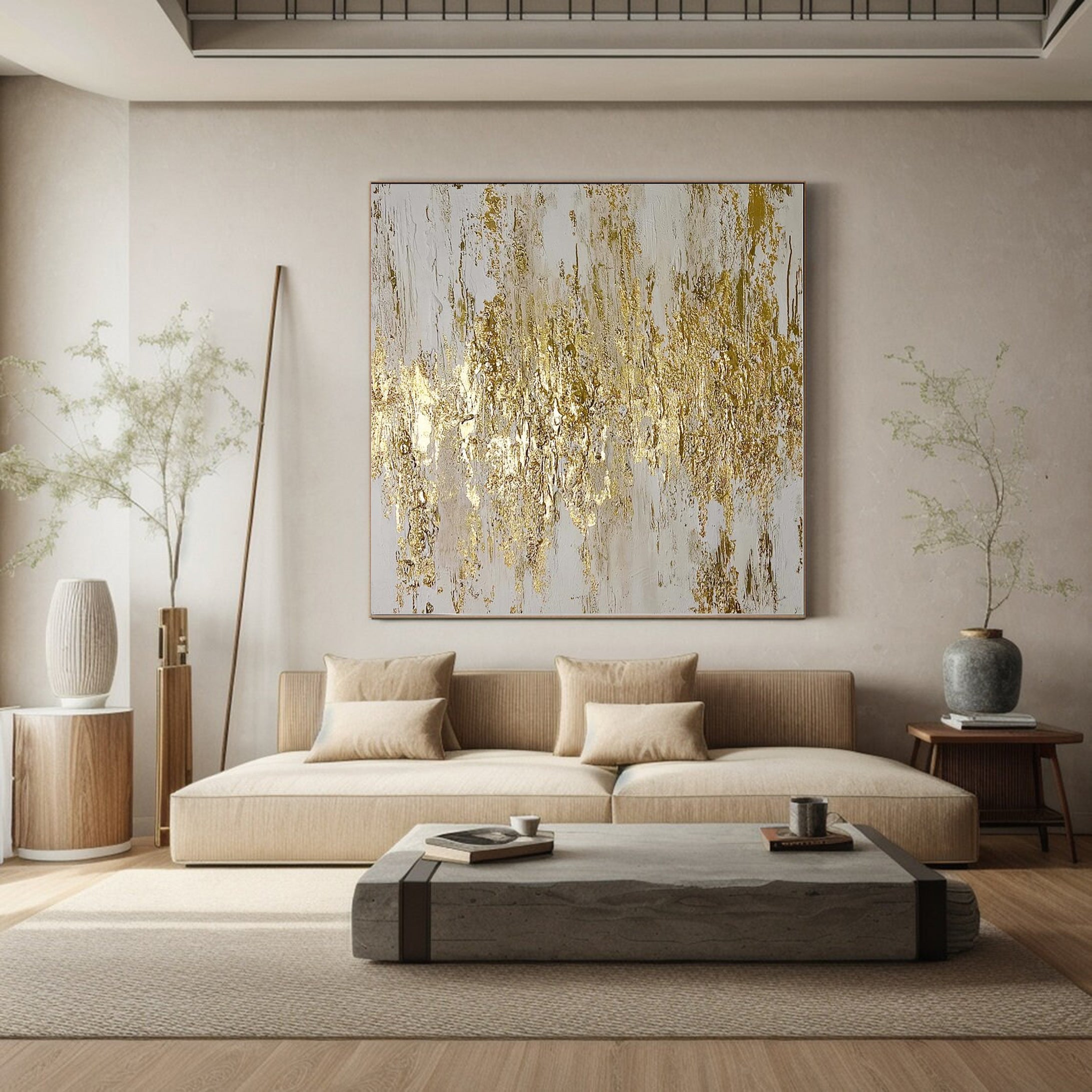 Elegant Abstract Gold and White Wall Art for Modern Living Room Decor – Clue Art #137